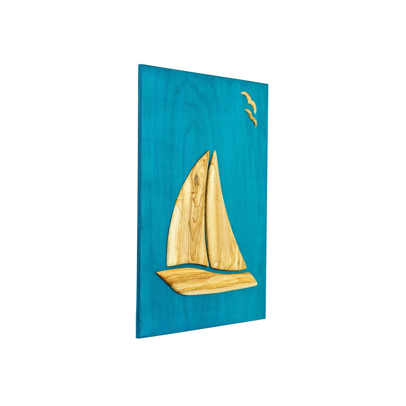 Olive Wood Sailboat, Handmade Modern Wall Decor, Blue Wooden Background, Design A, 55x70cm